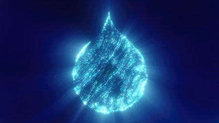 Abstract glowing blue digital water droplet made of flowing light particles on a dark background, symbolizing technology and sustainability.の写真素材
