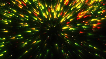 Abstract background with green and red light streaks converging to a center point, creating a futuristic tunnel effect background.の写真素材