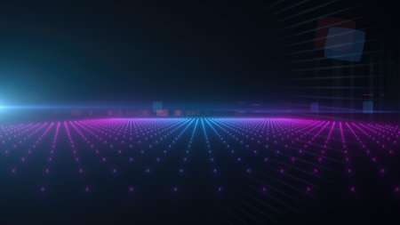 A neon purple and blue glowing digital grid with futuristic elements representing virtual reality and data technology background.の写真素材