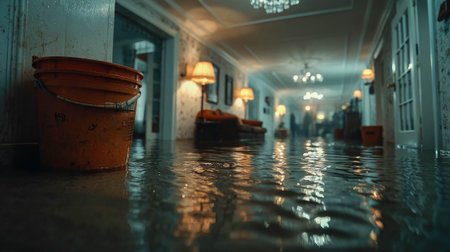 Flooded living room with vintage furniture and a rusty red bucket in the foreground, illustrating water damage and emergency cleanup.の素材