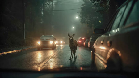 Deer stands in the middle of a rainy forest road at night as headlights from cars illuminate the wet asphalt.の素材