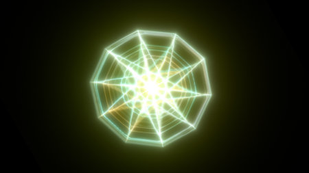 Bright radial grid of green and yellow lines with glowing energy in a digital light tunnel effect.の写真素材