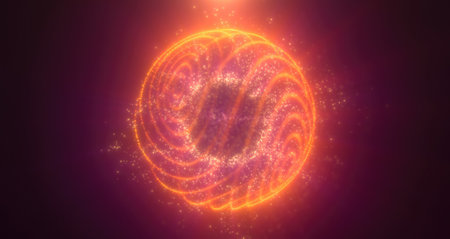 A golden spiral energy sphere structure with green particles, radiating cosmic power in a dark futuristic background, resembling a vortex or abstract force field, video in high quality 4k, motion design.の写真素材