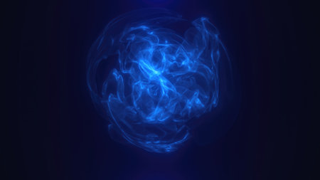 Abstract blue fluid-like shape with a glowing effect on a dark background.の写真素材