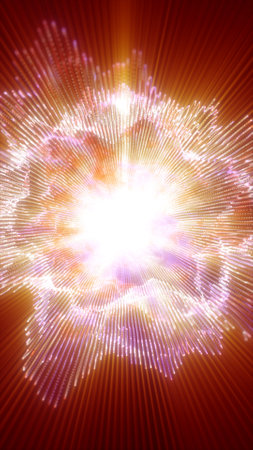 Abstract explosion of glowing light particles radiating from the center with vibrant orange and purple hues.の写真素材