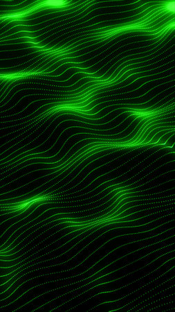 Glowing green digital wave of particles forming fluid curves on a dark background, futuristic energy flow concept.の写真素材