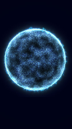 Brightly illuminated blue energy sphere in dark space, glowing edges with intricate surface texture and corona-like effects.の写真素材