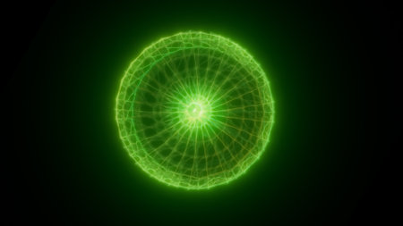 Glowing green circular energy field with radiating concentric patterns, resembling a scientific or futuristic visualization.の写真素材