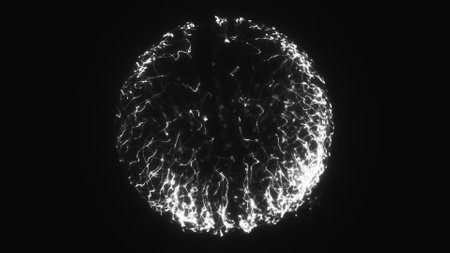 Bright white glowing sphere made of shimmering light threads, radiating against a black background.の写真素材