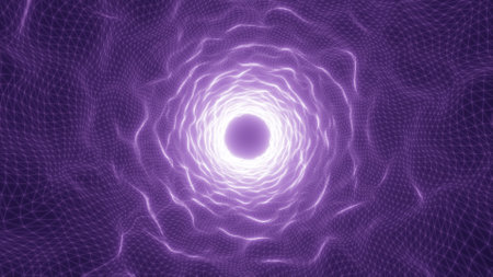 Bright glowing tunnel with electric light effect, abstract violet energy vortex with digital mesh structure.の写真素材