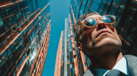 Confident businessman in glasses standing among modern skyscrapers, looking upward with ambition.の素材