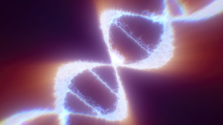 A close-up of a glowing DNA helix in a scientific, futuristic representation with electric energy.の写真素材