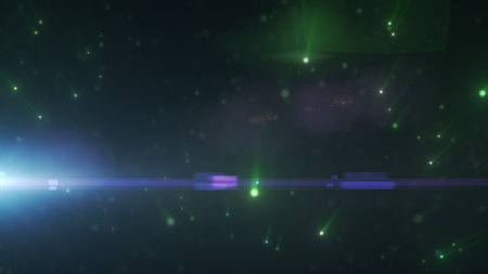 Futuristic composition of green light particles with blue highlights and cosmic motion streaks.の写真素材