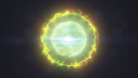 Bright neon green glowing sphere with energy waves and light flares, radiating a futuristic digital effect.の写真素材