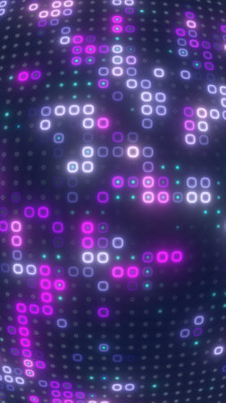 Digital purple matrix of glowing squares on a soft curved grid, creating a futuristic display.の写真素材