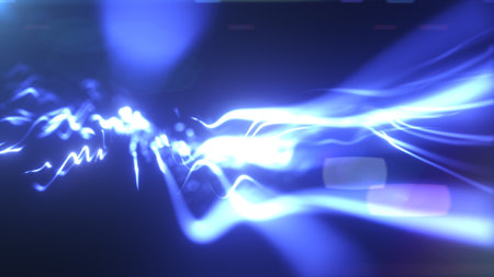 Blue glowing streams of energy bursting from a central point, with light distortions and sci-fi aesthetics.の写真素材