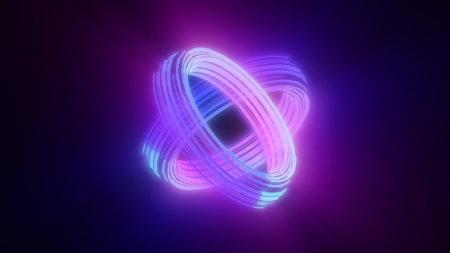 Vibrant purple and cyan glowing energy vortex with chaotic light trails, abstract and futuristic.の写真素材