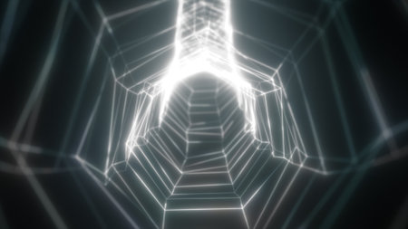 Abstract geometric tunnel formed by glowing white wireframe lines, creating a futuristic web-like structure.の写真素材