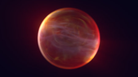 Glowing red energy sphere with swirling light textures, abstract cosmic effect in dark space background.の写真素材