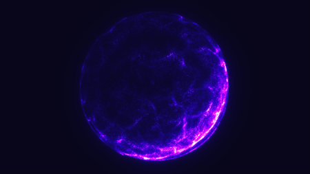 Glowing purple energy sphere with dynamic surface texture against a dark background.の写真素材