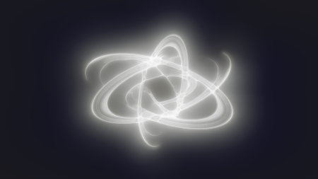 White glowing trinity-shaped swirl with interwoven energy loops emitting a soft radiant aura on a dark minimal backdrop.の写真素材
