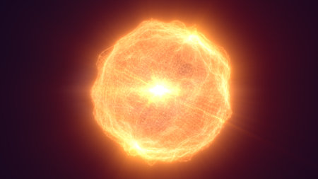 Glowing yellow-orange digital sphere radiating heat and intensity, symbolizing futuristic combustion, energy flow, and solar-like power.の写真素材