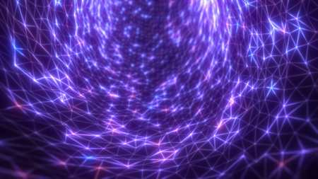 Glowing purple energy mesh forming a twisting tunnel of connected triangular nodes in a digital space.の写真素材