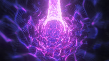 Intricate mesh of glowing pink and blue lines forming a dynamic energy tunnel.の写真素材
