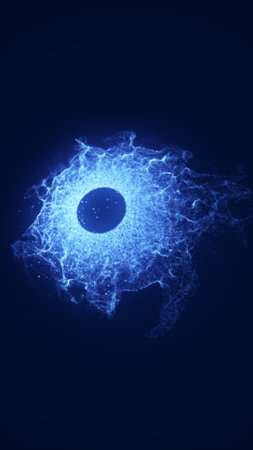 Glowing blue energy sphere dispersing particles in a digital abstract space on a dark blue background.の写真素材