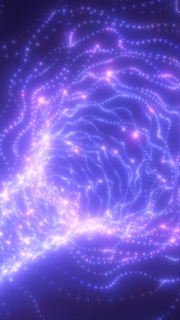 Abstract glowing particle waves forming intricate network patterns in soft violet and blue light tones on a dark background.の写真素材