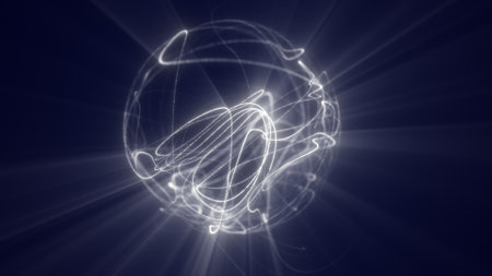 Abstract sphere of luminous white lines and rays on a dark blue background, radiating dynamic futuristic energy.の写真素材