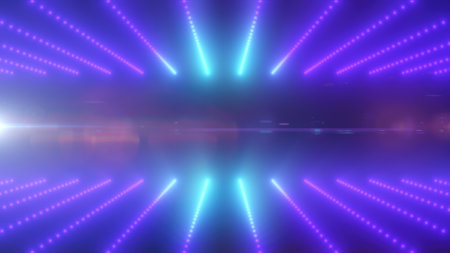Futuristic purple and blue grid with glowing dots, representing technology, virtual reality, and digital landscapes.の写真素材