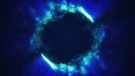 A glowing blue singularity of energy and light forming a dynamic circular structure in deep space. A powerful and futuristic effect.の写真素材