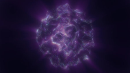 A purple glowing fragmented sphere, resembling a futuristic energy core suspended in darkness.の写真素材