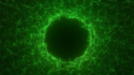 Vibrant green energy tunnel composed of pixelated digital waves forming a hollow circular space.