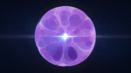 Glowing purple plasma sphere with intense center light, radiating energy on a dark background.の写真素材