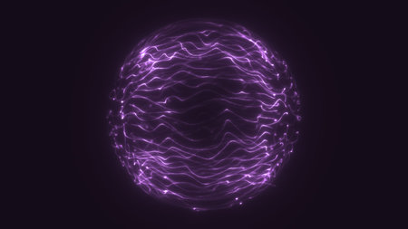 Glowing purple energy sphere formed by dynamic wavy light trails, floating against a dark...