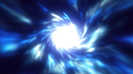 A mesmerizing blue vortex spiral, radiating energy with a glowing white center, evoking a sci-fi wormhole effect.の写真素材