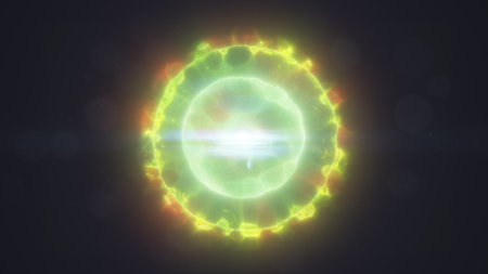 Bright neon green glowing sphere with energy waves and light flares, radiating a futuristic digital effect.の写真素材