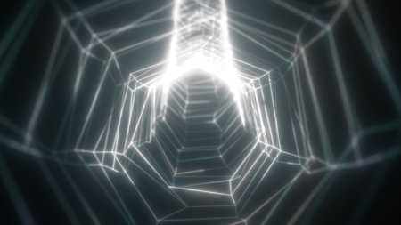 Abstract geometric tunnel formed by glowing white wireframe lines, creating a futuristic web-like structure.の写真素材