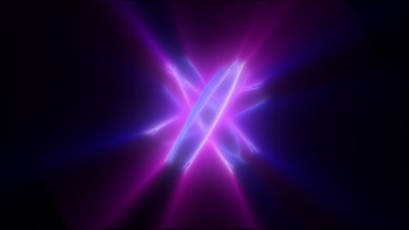 Crossed beams of neon light in purple and blue on a dark background, forming a futuristic starburst.の写真素材