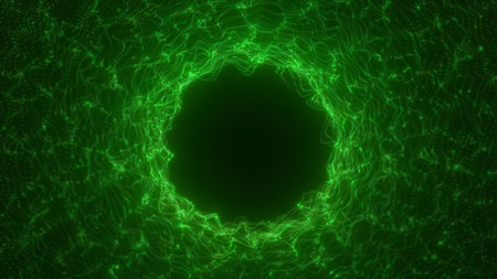 Vibrant green energy tunnel composed of pixelated digital waves forming a hollow circular space.の写真素材
