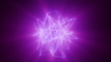 Violet glowing sphere made of neon lines in geometric formation over black background.の写真素材