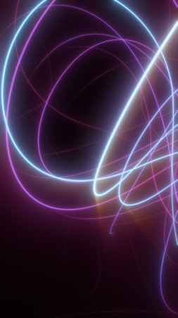Bright neon light trails weaving dynamically across a dark background in a colorful abstract composition.の写真素材