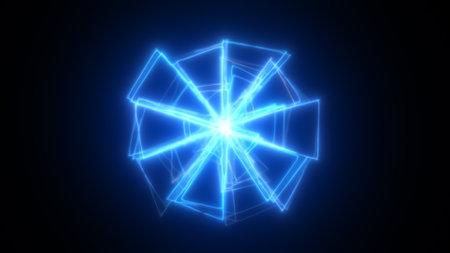 Electric blue energy starburst in a geometric radial form with glowing symmetry and futuristic light trails.の写真素材