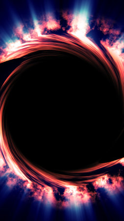 Dramatic visual of a fiery black hole surrounded by swirling plasma and cosmic light in deep space.の写真素材