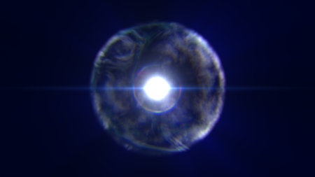 Futuristic glowing energy sphere emitting radiant blue light on a dark background, with lens flare effects and soft gradient edges.の写真素材