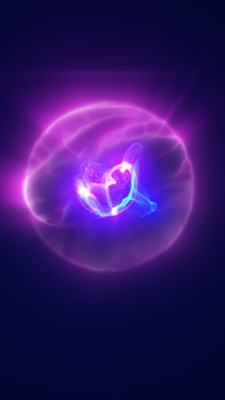 Abstract glowing sphere with layered plasma forms and radiant purple-pink energy field.の写真素材