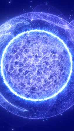 Abstract glowing sphere surrounded by transparent data rings and sparkles, set in a blue digital...
