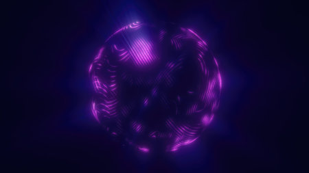 A glowing purple sphere with intricate neon-like patterns floating in a dark background, resembling futuristic technology or abstract digital art.の写真素材